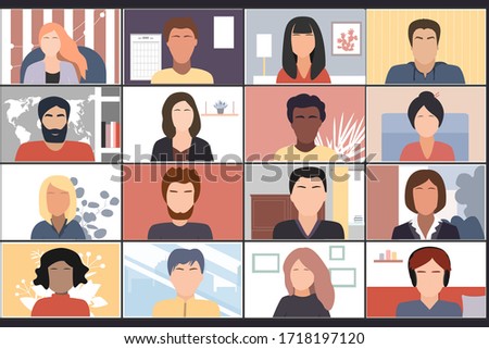 Online students lesson or company workers meeting. Coronavirus quarantine distance education concept. Stay at home vector illustration. Studying pupils or students. Laptop screenshot.
