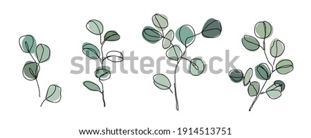 Set of Eucalyptus branches in modern single line art style. Continuous line drawing, aesthetic contour for home decor, posters, wall art, cards, packaging. Floral logo or icon vector illustration.