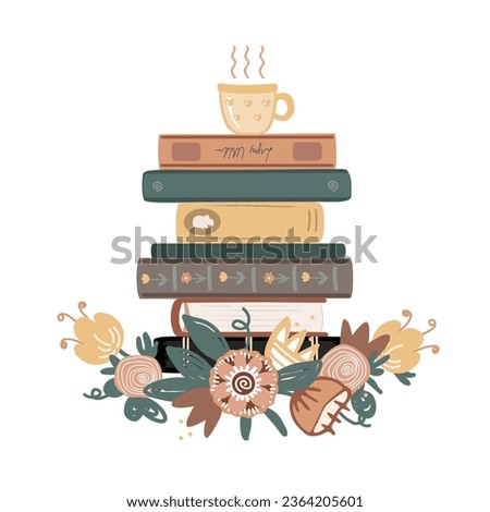 Vintage composition with books pile, tea mug, and meadow doodle flowers isolated on white background. Hand drawn vector illustration