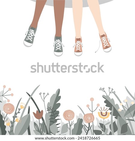 Doodle flowers and girl friends legs in sneakers. Spring or Summer friendship background for banner, poster, card, invitation. Vector illustration