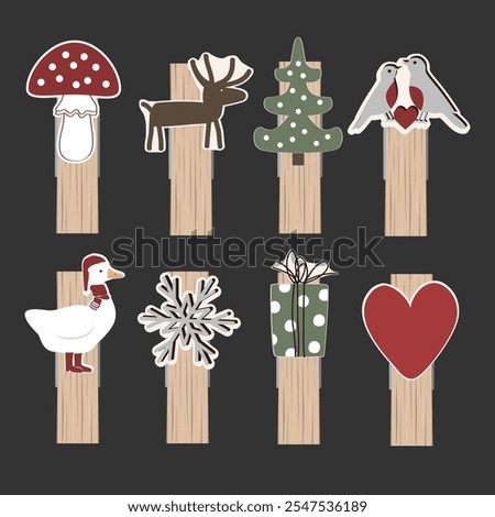 Small Wooden Clothes Peg collection. Set of winter decorated clothespins. Isolated Christmas mood design element. Vector illustration