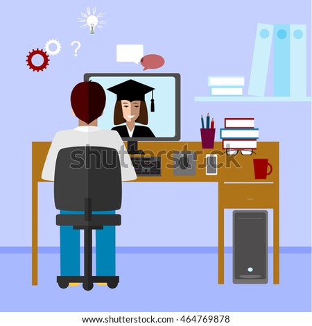 Talk through the Internet. Student and tutor communicate via Internet. E-learning, distance and online education concept. Vector illustration