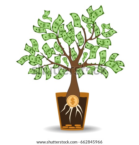 Money tree growing from a coin root. Green cash banknotes tree in ceramic pot. Modern flat style concept vector illustration