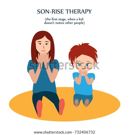 Boy and woman look at their hands. Mother copies action of son with autism to show love and understanding. Son-rise method of autism treatment, first stage, when a kid has not notice other people yet.