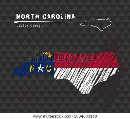 North Carolina map with flag inside on the black background. Chalk sketch vector illustration