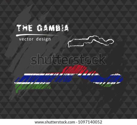 The Gambia map with flag inside on the black background. Chalk sketch vector illustration