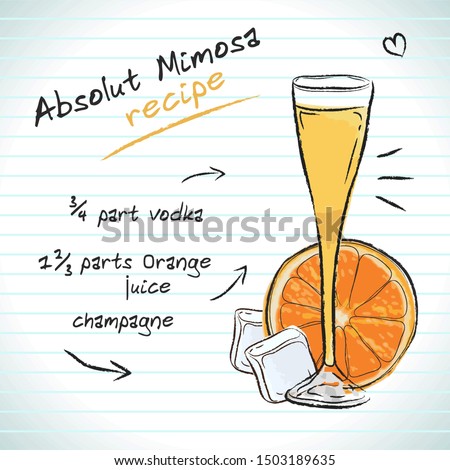 Absolut Mimosa cocktail, vector sketch hand drawn illustration, fresh summer alcoholic drink with recipe and fruits	

