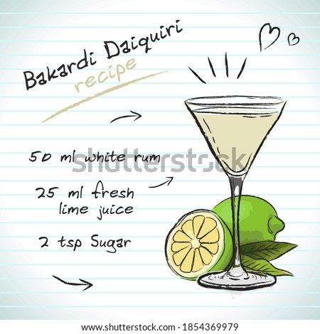 Bacardi Daiquiri cocktail, vector sketch hand drawn illustration, fresh summer alcoholic drink with recipe and fruits	
