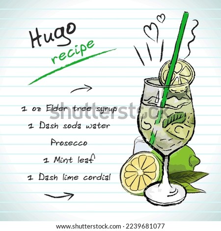 Hugo cocktail, vector sketch hand drawn illustration, fresh summer alcoholic drink with recipe and fruits
