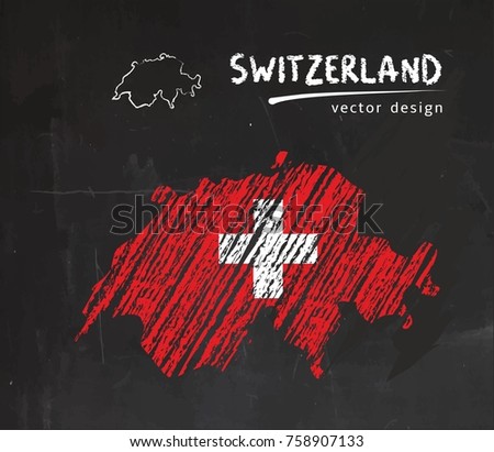 Switzerland national vector map with sketch chalk flag. Sketch chalk hand drawn illustration