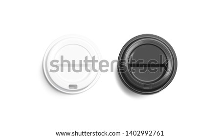 Blank black and white disposable coffee cup lid mockup, lying top view, plastic cover mock up isolated, 3d rendering. Empty coffe drinking mug cardboard cap mock-up. Clear plain tea take away package. Stock fotó © 