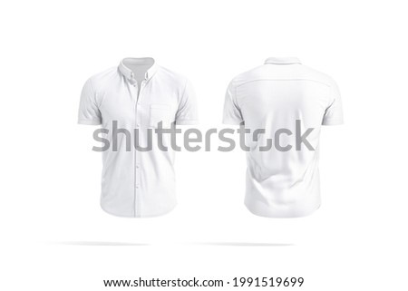 Blank white short sleeve button down shirt mockup, front back view, 3d rendering. Empty cotton tank top with pocket mock up, isolated. Clear polo shirt for dress code template.