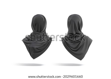 Blank black woman muslim hijab mockup, front and back view, 3d rendering. Empty cotton tube headgear for eastern mock up, isolated. Clear muslim scarf or shawl template.