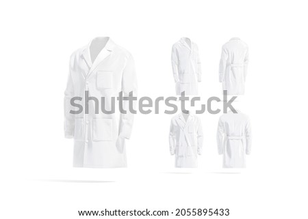 Blank white medical lab coat mockup, different views, 3d rendering. Empty scientist or therapist fabric overcoat mock up, isolated. Clear medic costume with pocket for hakeem or student template. Сток-фото © 