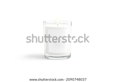 Blank white pillar candle in glass jar with label mockup, 3d rendering. Empty glowing decorative aroma tumbler for votive or spa mock up, front view, isolated. Clear christmas wax fire template. 商業照片 © 