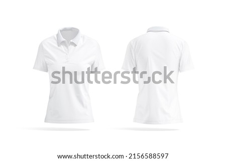 Blank white women polo shirt mockup, front and back view, 3d rendering. Empty sport textile polo-shirt or undervest mock up, isolated. Clear woman tee-shirt with collar model template. Foto d'archivio © 
