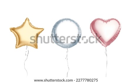 Blank colored round, star, heart balloon flying mockup, isolated, 3d rendering. Empty yellow, blue and pink helium balloons mock up. Clear inflated later present for birthday template. 3D Illustration Imagine de stoc © 