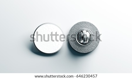 Blank white round silver lapel badge mock up, front and back side view, 3d rendering. Empty hard enamel pin mockup. Metal clasp-pin design template. Expensive curcular brooch for logo presentation ストックフォト © 