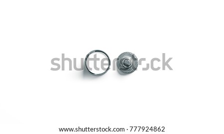 Blank white metal snap button mockup isolated, 3d rendering. Empty clothing jeans clasp mock up, front and back side view. Clear metallic fastener for dressmaking and cloth branding design. ストックフォト © 