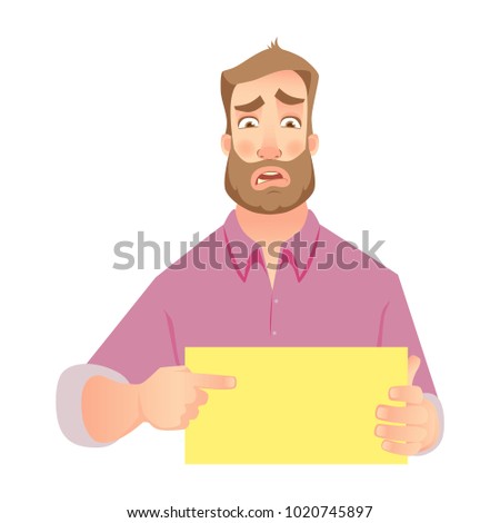 Man holding blank paper. Frustrated businessman points to banner. Vector illustration set