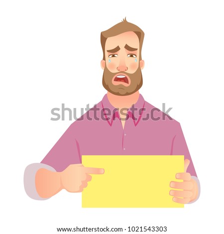 Man holding blank paper. Crying businessman points to banner. Vector illustration set