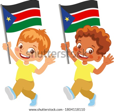 South Sudan flag in hand. Children holding flag. National flag of South Sudan vector