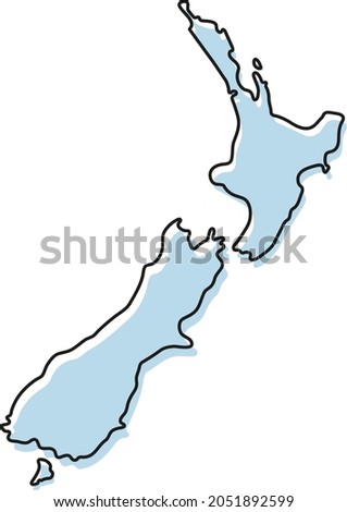 Stylized simple outline map of New Zealand icon. Blue sketch map of New Zealand vector illustration