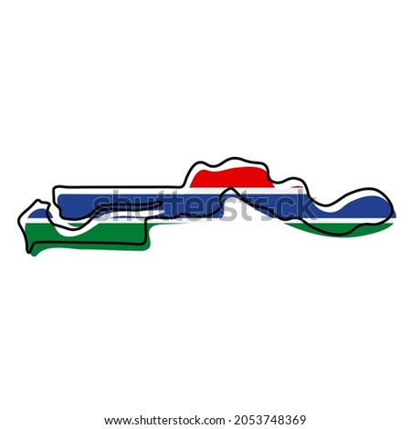 Stylized outline map of Gambia with national flag icon. Flag color map of Gambia vector illustration.