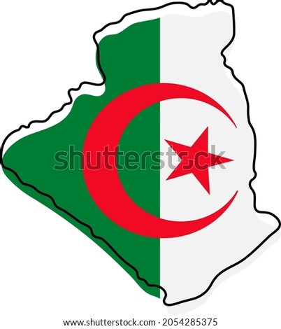 Stylized outline map of Algeria with national flag icon. Flag color map of Algeria vector illustration.