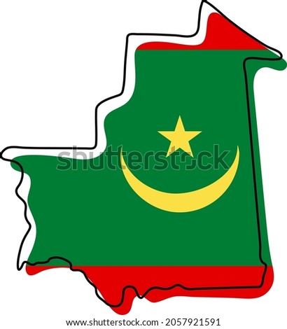 Stylized outline map of Mauritania with national flag icon. Flag color map of Mauritania vector illustration.