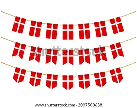 Denmark flag on the ropes on white background. Set of Patriotic bunting flags. Bunting decoration of Denmark flag