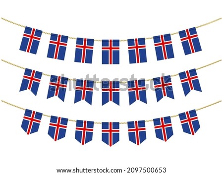 Iceland flag on the ropes on white background. Set of Patriotic bunting flags. Bunting decoration of Iceland flag