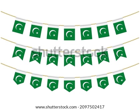 Pakistan flag on the ropes on white background. Set of Patriotic bunting flags. Bunting decoration of Pakistan flag