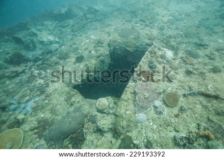 A broken hole on world war II shipwreck in Coron area, Palawan, Philippines.