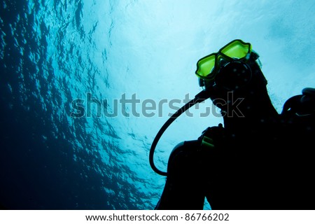 Diver underwater with reflection mask