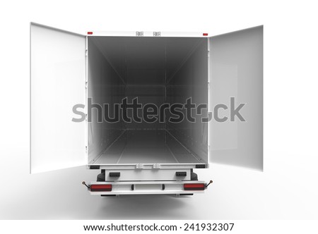 Back white truck with open empty trailer