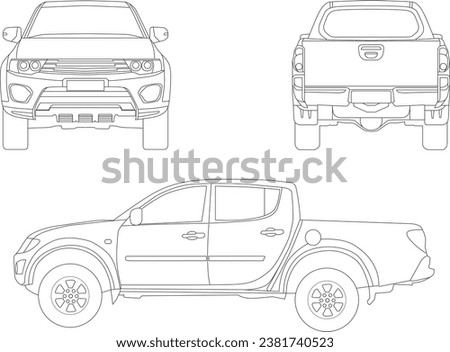 Vector Mitsubishi L200 truck line art from views side back front