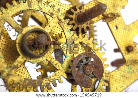 close-up photo of part of the watch mechanism rusted and dirty on white background