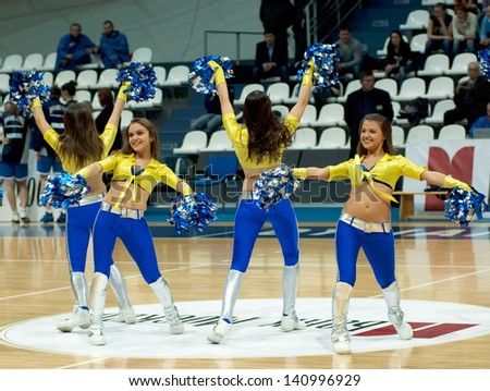 MOSCOW - APRIL 1: Cheerleaders group VIP dance on a game Dynamo MSK vs Dynamo NSK of women RBA National tournament on April 1, 2013, in Moscow, Russia
