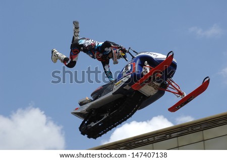 MOSCOW - JULY 13: Daniel Bodin jump on city event Sport of Moscow passing in Luzhniki, Motofreestile FMX place, on July 13, 2013, in Moscow, Russia