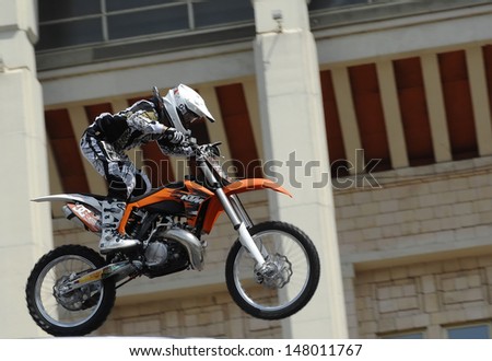 MOSCOW - JULY 13: Kiril Gavrilov on city event Sport of Moscow passing in Luzhniki, Motofreestile FMX place, on July 13, 2013, in Moscow, Russia