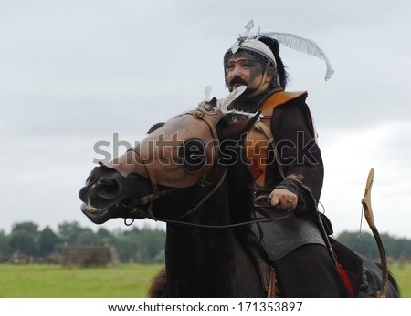 RUSSIA, MOLODI VILLAGE - JULY 27: Unidentified man  in costume of Crimea khan Devlet-Girey on event dedicated to Victory in battle near the Molodi village 1572, on July 27, 2013, Molodi, Russia