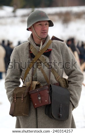 RUSSIA, LIZLOVO - DECEMBER 14: Unidentified Soviet army soldier stand on reenactment of the counterattack under the Moscow in 1941 in World War II, in Moscow region, Lizlovo village, Russia, 2014
