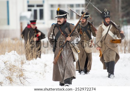 RUSSIA, APRELEVKA - FEBRUARY 7: Unidentified russian soldiers walking on reenactment of the Napoleonic maneuvers near the Aprelevka city, in 1812. Moscow region, Aprelevka, 7 February, 2015, Russia