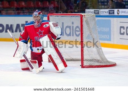 MOSCOW - MARCH 12: Kevin Laland (35) prepare start the game on hockey game Yokerit vs CSKA on Russia KHL championship on March 12, 2015, in Moscow, Russia. CSKA won 3:2