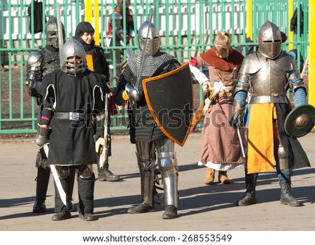 RUSSIA, MOSCOW - MARCH 14: Knights squad in row on history reenactment of the Medieval maneuvers in Moscow, 14 March, 2015, Russia