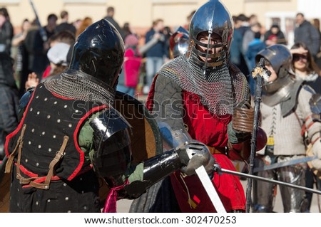 RUSSIA, MOSCOW - MARCH 14: Unidentified knights fights on  tournament on history reenactment of the Medieval maneuvers in Moscow, 14 March, 2015, Russia