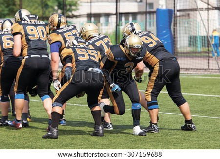 RUSSIA, TROITSK CITY - JULY 11:  Sergei Altukhov (3) run out on Russian american football Championship game Spartans vs Raiders 52 on July 11, 2015, in Moscow region, Troitsk city, Russia