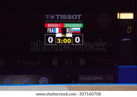 MOSCOW, RUSSIA - MAY 31 2015: C. Berger and E. Dyachenko score board on the World  fencing Grand Prix Moscow Saber in Luzhniki sport palace