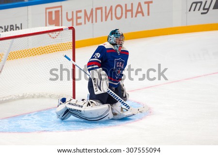 RUSSIA, MOSCOW - APRIL 27, 2015: M. Sokolov (39), goaltender of SKA Legend team, on hockey game CSKA vs SKA teams on Hockey Cup of Legends in Ice Palace VTB, Moscow, Russia